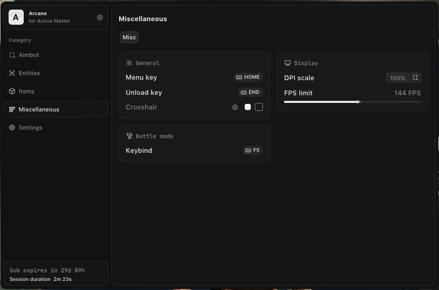 Menu cheata ARCANE, zrzut 1