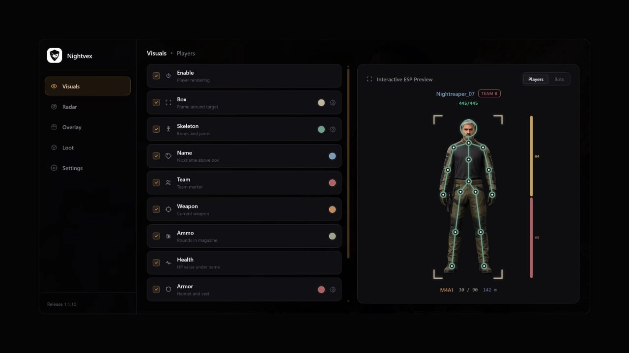 NIGHTVEX Cheat-Menü, Screenshot 1