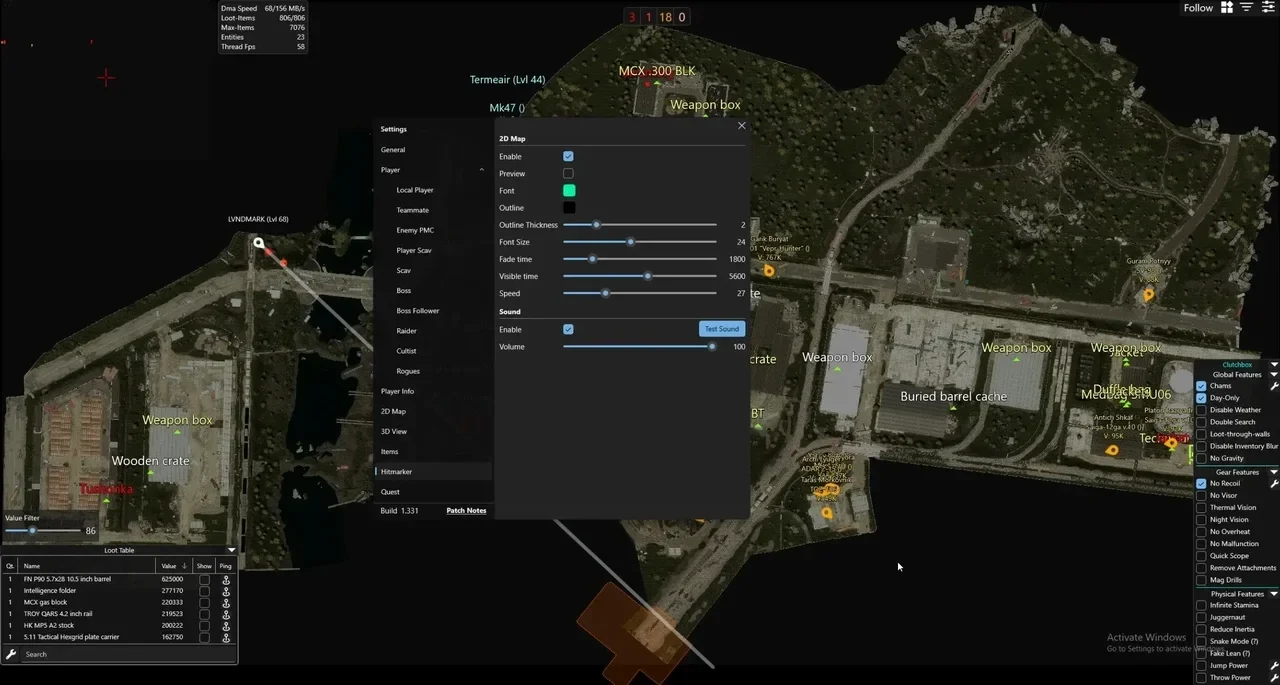 CLUTCH EFT RADAR DMA cheat menu, screenshot 1