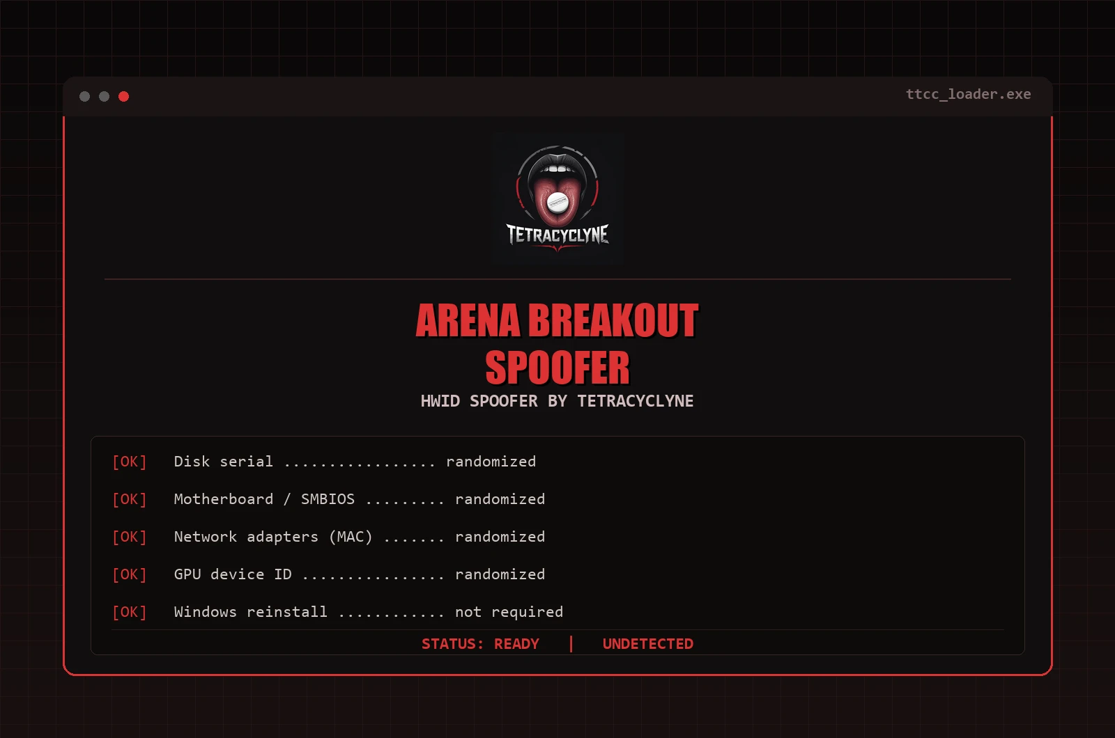 Menu do cheat TETRACYCLYNE ARENA BREAKOUT SPOOFER, captura 1