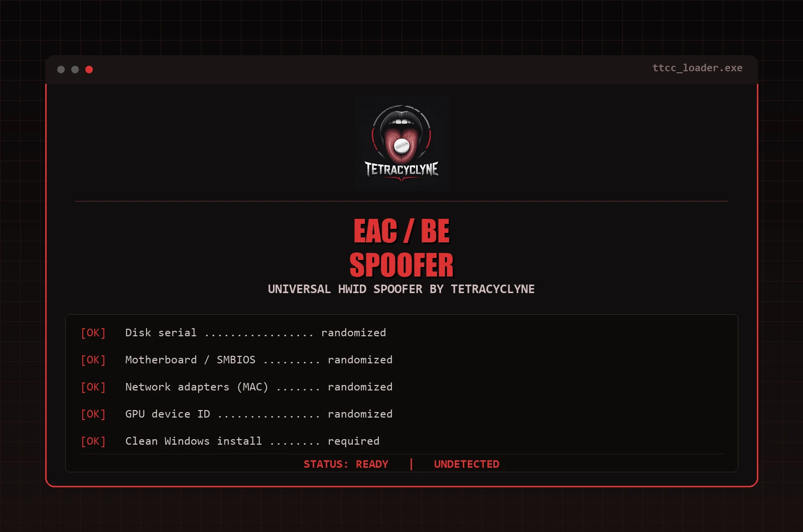 TETRACYCLYNE EAC-BE SPOOFER hile menüsü, ekran görüntüsü 1