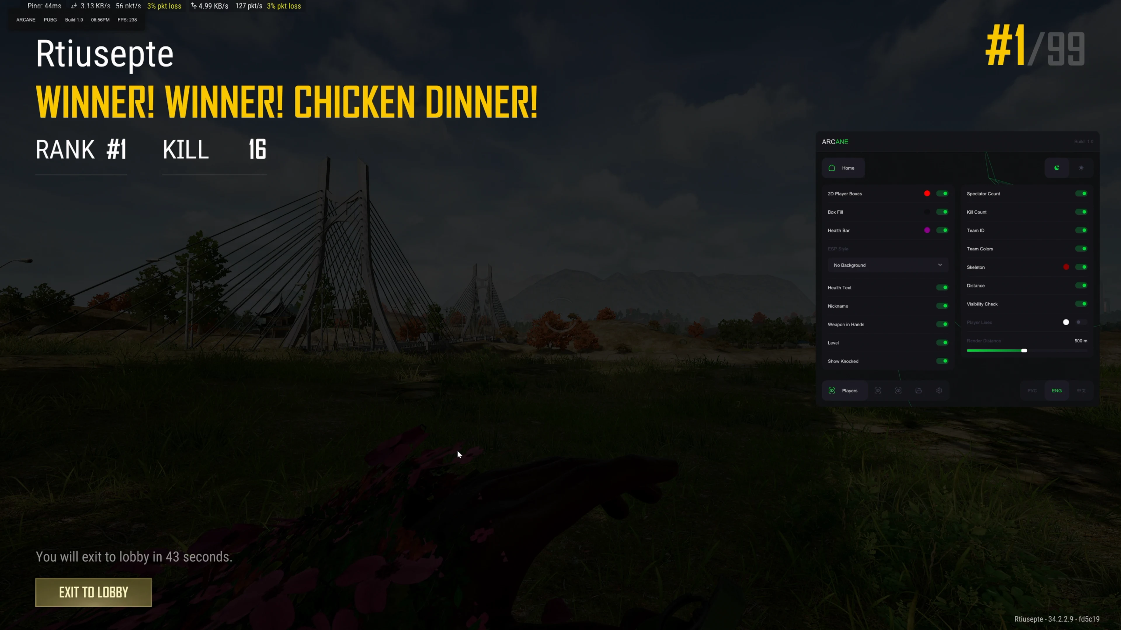 Menu do cheat ARCANE ESP, captura 1