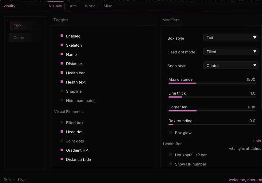 VITALITY Cheat-Menü, Screenshot 1